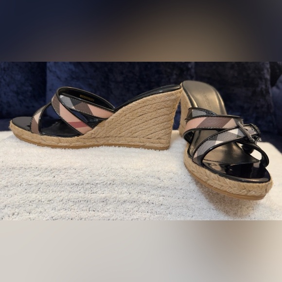 Burberry Black and Tan Plaid Wedge Sandals - Picture 7 of 12